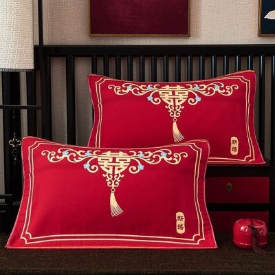 美帮汇枕巾结婚款 喜庆红大全棉全棉纱布枕巾一对装婚庆床上中国风 比伦风情-大红1对 默认尺寸