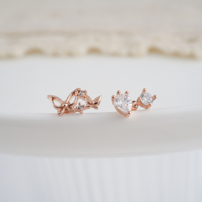 韩国直送耳钉蝴蝶 水滴连排设计感钛钢杆耳骨钉耳门钉少女生新款送女朋友老婆情人节七夕生日礼物