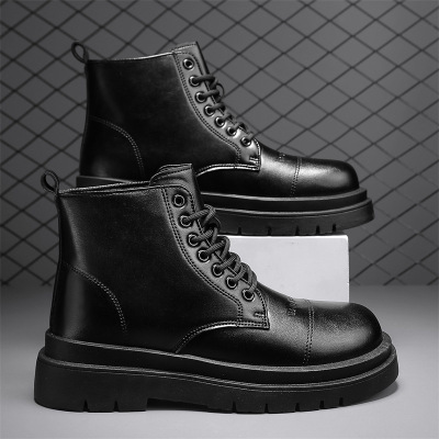 马丁靴男秋季高帮英伦风复古高跟增高厚底高级百搭休闲黑色男鞋