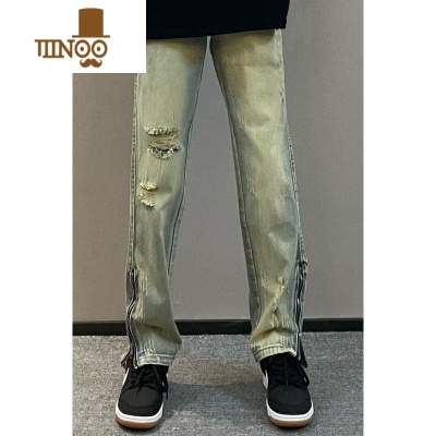 YANXU2023高街破洞牛仔裤男修身显瘦直筒拉链开叉潮牌男九分裤痞帅裤子