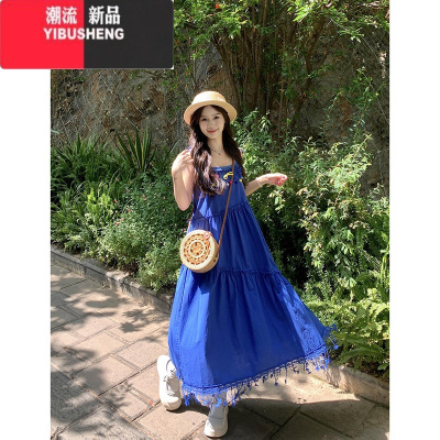 YIBUSHENG复古流苏吊带连衣裙女季新款设计感立体蝴蝶结木耳边别致长裙子