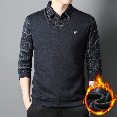 冬款加绒男装加厚假两件打底上衣厚款中年男士休闲爸爸保暖衣T恤_43768