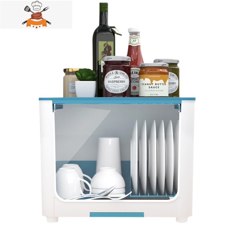 碗筷收纳盒厨房碗架带盖放餐具装碗箱碟盘沥水置物架塑料碗柜家用 敬平 加大号 单层蓝(B款 内置翻盖)餐具架