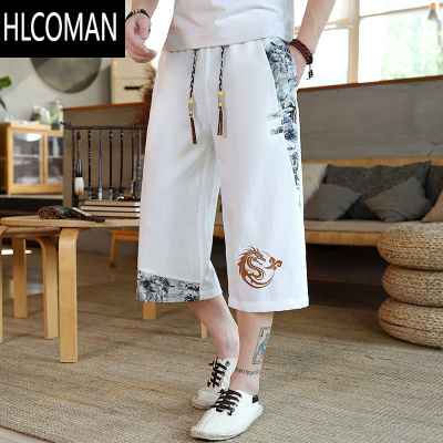 HLCOMAN龙图短裤男夏季中国风七分裤子男新中式休闲马裤青少年国潮冰丝裤