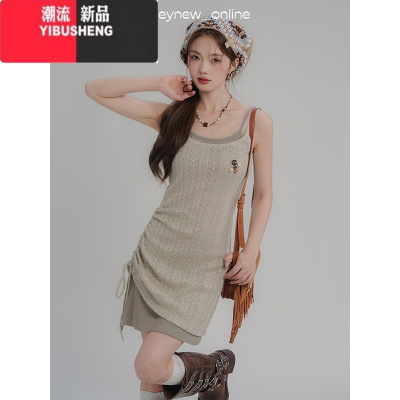 YIBUSHENGLOVEHEYNEW褶皱叠穿短袖连衣裙女季抽绳显瘦辣妹吊带包臀裙短裙