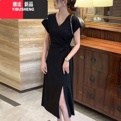 YIBUSHENG2024年季新款时尚法式短袖连衣裙女气质收腰显瘦中长款开衩裙子