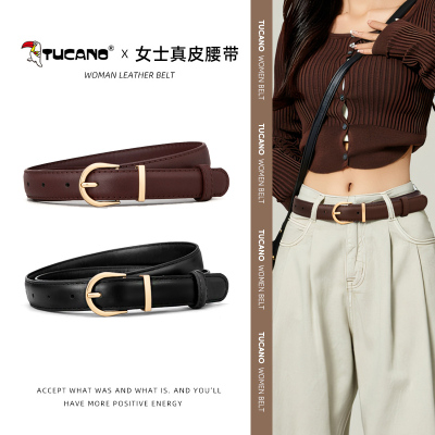 啄木鸟女士皮带2025新款真皮针扣棕色设计感小众牛皮配牛仔裤腰带