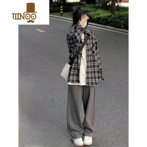 YANXU黑白格子长袖衬衫男女美式复古潮牌青少年情侣衬衣服帅气百搭外套