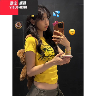 YIBUSHENG辣妹看黄色字母短袖t恤女季修身显瘦高级感气质百搭上衣潮
