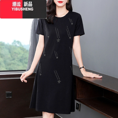 YIBUSHENG黑色连衣裙女装2024年季新款胖mm大码中长款短袖t恤a字裙子