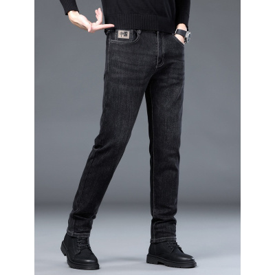 牛仔裤男男士空气棉抗皱休闲裤男黑色刺绣修身直筒裤男生