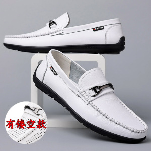 新款豆豆鞋真皮男鞋镂空透气洞洞鞋百搭休闲潮流小白鞋一脚蹬鞋子_2