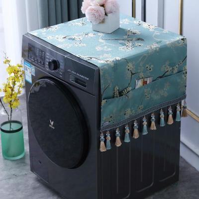 新中式冰箱洗衣机盖布洗衣机防晒保护罩室内布艺方巾微波炉防尘罩 鸟语花香-蓝色 33*100cm(适用于微波炉无口袋)