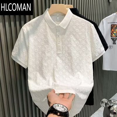 HLCOMAN夏季衫短袖T恤男时尚轻奢提花休闲青年翻领带领冰丝打底上衣