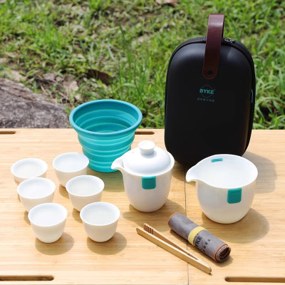 百科快客杯旅行套装 盖碗公道杯功夫泡茶茶具 乳白色 一壶6杯