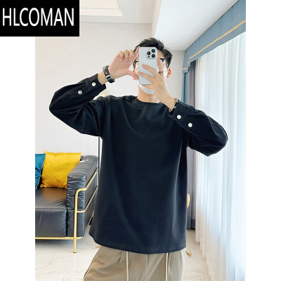 HLCOMAN手袖设计黑色卫衣男潮牌痞帅韩版上衣秋季穿搭小众T恤长袖打底衫
