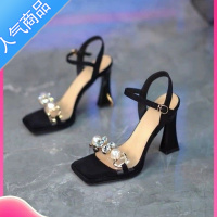 SUNTEK法式优雅时尚珍珠高跟鞋2023年夏季方头露趾水钻一字带细跟女凉鞋