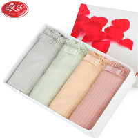 浪莎langsha女士纯棉内裤女4条日系螺纹裤衩中腰四季三角裤蕾丝少女短裤头