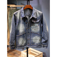 条纹拼接夹克男秋冬新款宽松休闲牛仔外套男士品质轻奢上衣