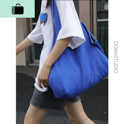 自制时髦帆布袋蓝格子购物袋 2面可用 大容量休闲单肩手提包NEW LAKE 蓝色女士单肩包