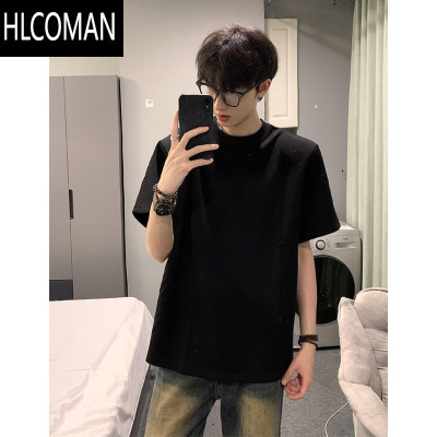 HLCOMAN黑色小领口短袖男款夏季cleanfit简约正肩T恤美式打底衫