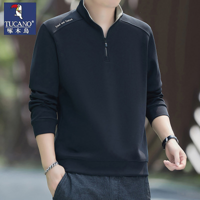 啄木鸟卫衣男2025春秋季新款男士半开领长袖T恤秋冬加绒打底上衣