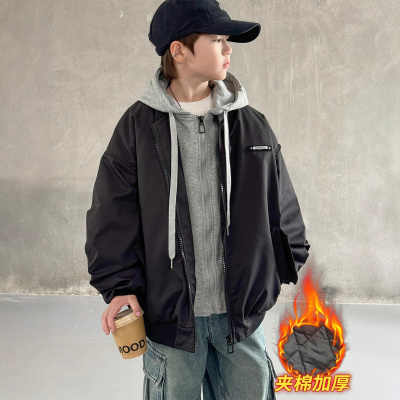 男童秋冬款外套夹棉加厚新款大童冬装儿童冬季连帽假两件棉服