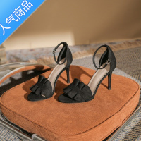 SUNTEK巨好看高跟鞋女细跟2023夏新款百搭一字带露趾荷叶边凉鞋性感网红