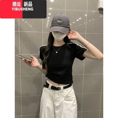 YIBUSHENG美式辣妹正肩短袖T恤女季设计感撞色杠条修身显瘦短款上衣
