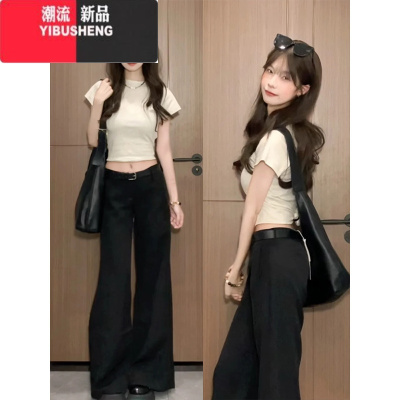 YIBUSHENG短袖正肩女t恤2024新款季美式上衣辣妹短款无袖紧身小飞袖绝美
