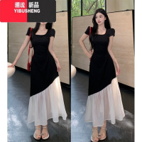 YIBUSHENG大码法式短袖连衣裙女季收腰显瘦拼接长裙微胖MM赫本风撞色裙子
