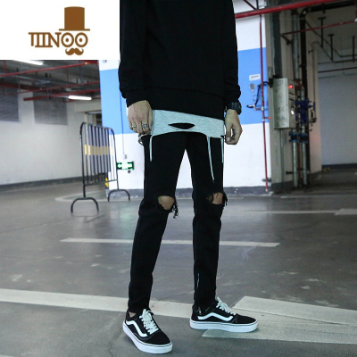 YANXU黑色牛仔裤男款破洞裤男生高街小脚裤男裤休闲裤潮牌夏季裤子男士