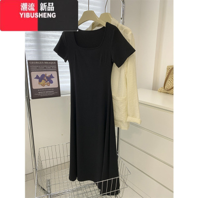 YIBUSHENG法式赫本风黑色方领长款连衣裙女修身显瘦气质百搭短袖T裙