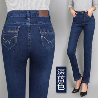 迪鲁奥(DILUAO)2019年秋季高腰大码直筒中年全棉牛仔布裤女纯黑色长裤弹力显瘦妈妈休闲裤