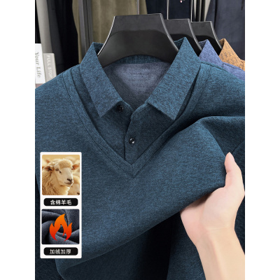 秋冬新款T恤男加厚假两件休闲针织打底衫加绒保暖中年翻领Polo衫