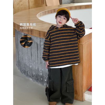童酷男童秋季新款韩版加厚兔毛绒宝宝上衣条纹连帽儿童卫衣潮