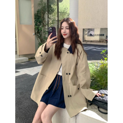 韩版休闲撞色拼接风衣女秋季年新款小个子慵懒风时尚百搭外套