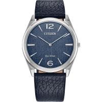 Citizen男士机械表经典设计蓝盘蓝皮带超薄防水EcoDrive驱动