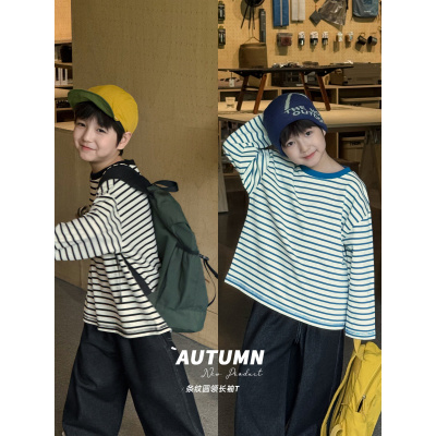 童酷男童秋季新款湖州织里童装洋气明线条纹圆领宽松儿童T恤