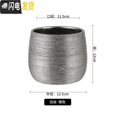 三维工匠花盆陶瓷盆北欧简约轻奢创意个性小号无孔多肉文竹铜钱水培家用 拉丝-银色-无孔 对照分类尺寸图花盆容器