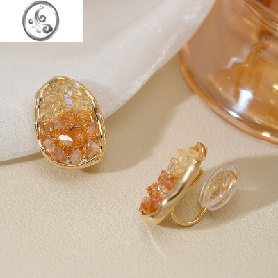 JiMi清新春夏橘子汽水镀金水晶无耳洞女蚊香盘耳夹耳饰银针耳钉轻奢风