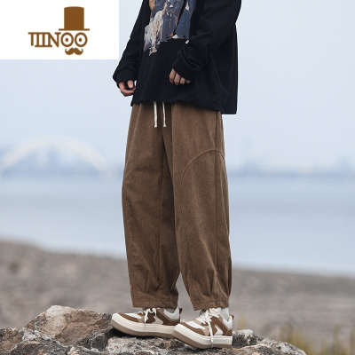 YANXU灯芯绒裤子男直筒宽松春季日系复古潮流潮牌哈伦束脚九分休闲裤