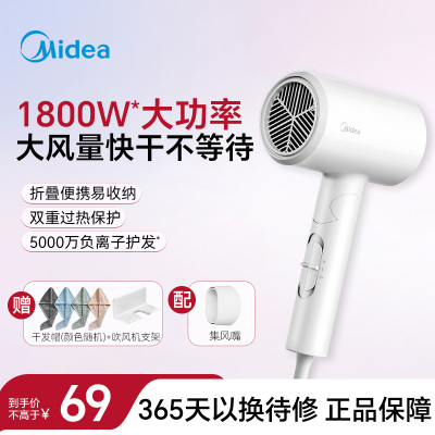 美的(Midea)大功率家用电吹风 负离子恒温护发 便携出差家用吹风筒 宿舍可用 极地白1800W折叠款 FZ201