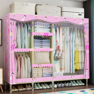 家时光 简易布衣柜钢架非实木25mm加粗加固钢管衣柜双人组合加厚涤棉布衣橱K170 粉色公主