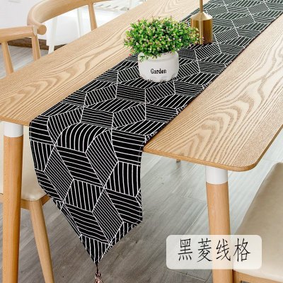 北欧桌旗 棉麻家用桌布电视柜长桌旗欧式茶几现代简约轻奢床旗 黑菱线格 30*100cm(适合60cm左右小桌或柜子)