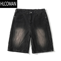 HLCOMAN重工闪电纹牛仔短裤男夏季美式高街水洗做旧宽松直筒五分裤子