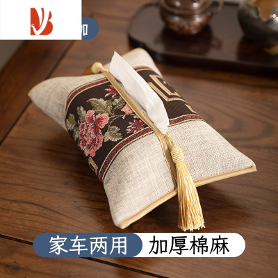 三维工匠车载扶手箱纸巾盒袋复古布艺新中式抽纸袋中国风车用家用客厅前排 深咖啡(车载有绑带小号软包装)