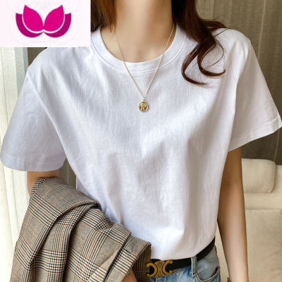 七斓白色短袖t恤女大码宽松韩版ins圆领百搭2023新款打底上衣服潮