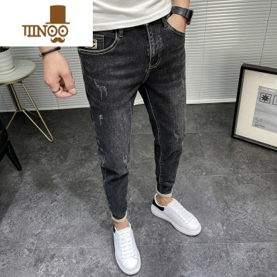 YANXU2023新品修身小脚牛仔裤男韩版潮流百搭弹力黑灰色长裤男款