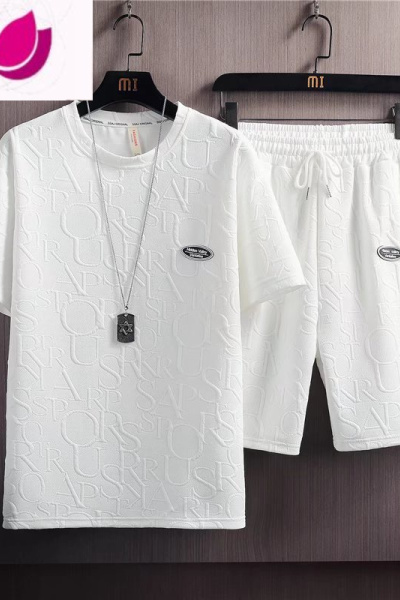 七斓夏季华夫格短袖t恤男士韩版宽松夏装潮牌5五分运动休闲裤一体套装